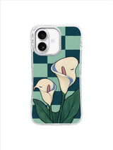 Rain Rest Crescent ivory calla lilies on petrol checkerboard iPhone 17 case