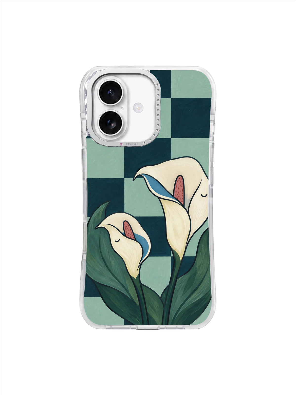 Seafoam Listeners calla lilies on green checkerboard iPhone 17 case