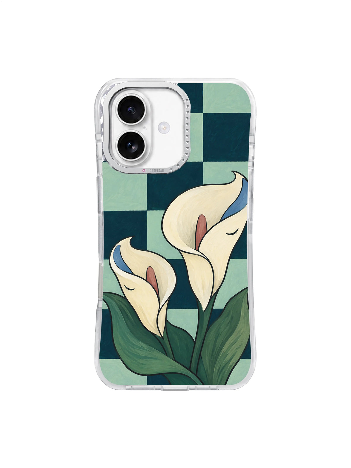 Soft Pause Callas ivory flowers on petrol and seafoam checkerboard iPhone 17 case