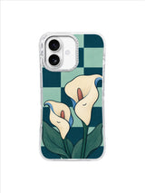 Still Water Spathes calla lilies on seafoam checkerboard iPhone 17 case