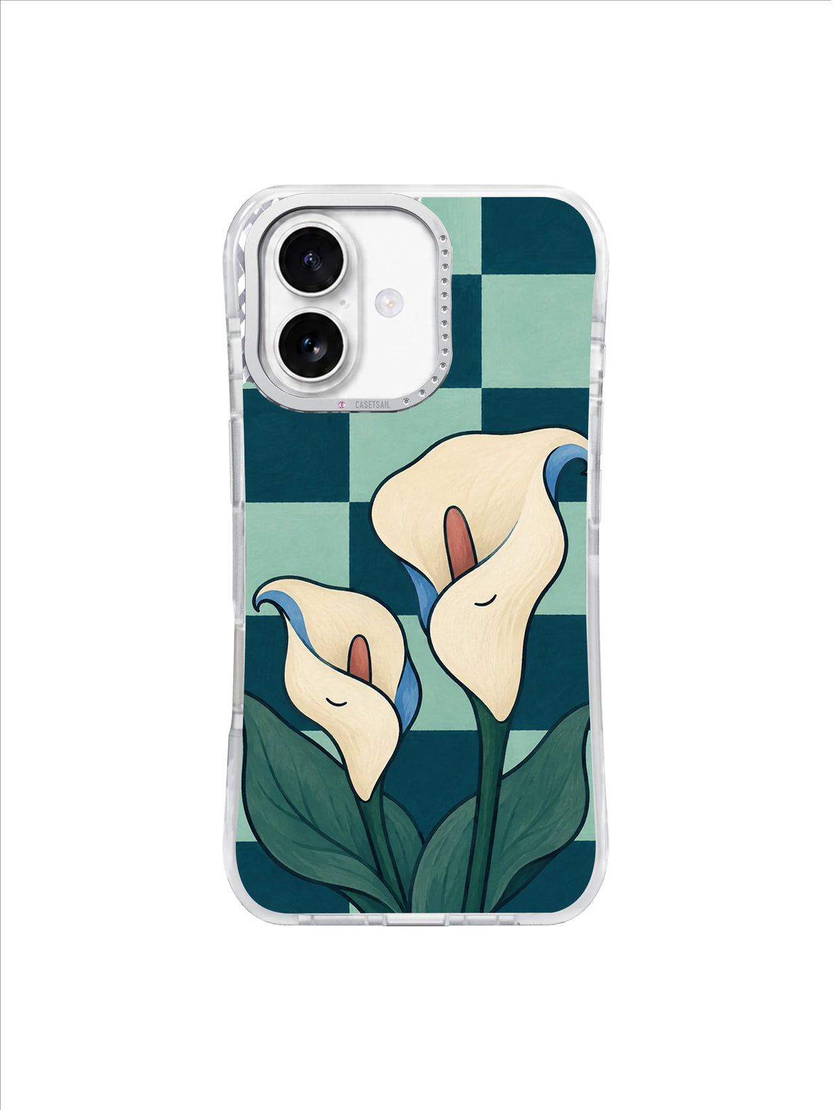 Still Water Spathes calla lilies on seafoam checkerboard iPhone 17 case
