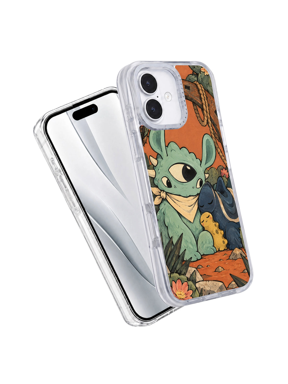 A Shoulder in the Cactus Wind iPhone 17 Case angled view with transparent case edge