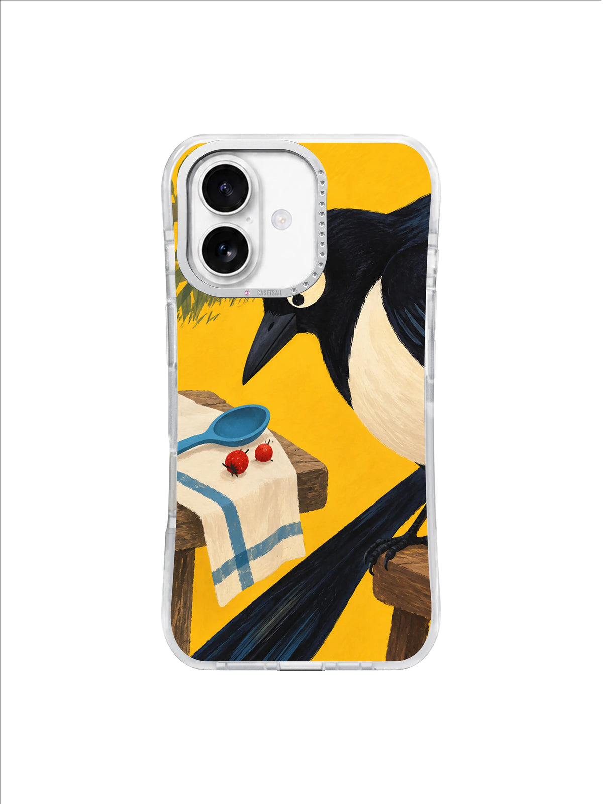 Plum-black magpie, cyan spoon and berry picnic cloth in a warm yellow iPhone 17 case illustration