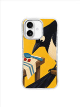Cream-bellied magpie leaning over a blue spoon and two red berries on a marigold iPhone 17 case design