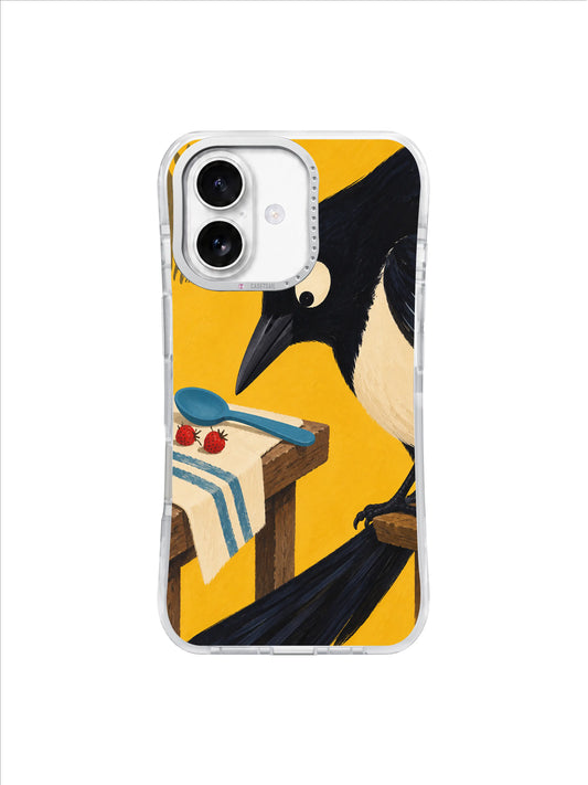 Cream-bellied magpie leaning over a blue spoon and two red berries on a marigold iPhone 17 case design