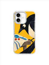 Plum-winged magpie studying a tiny shared picnic on a bright marigold iPhone 17 case