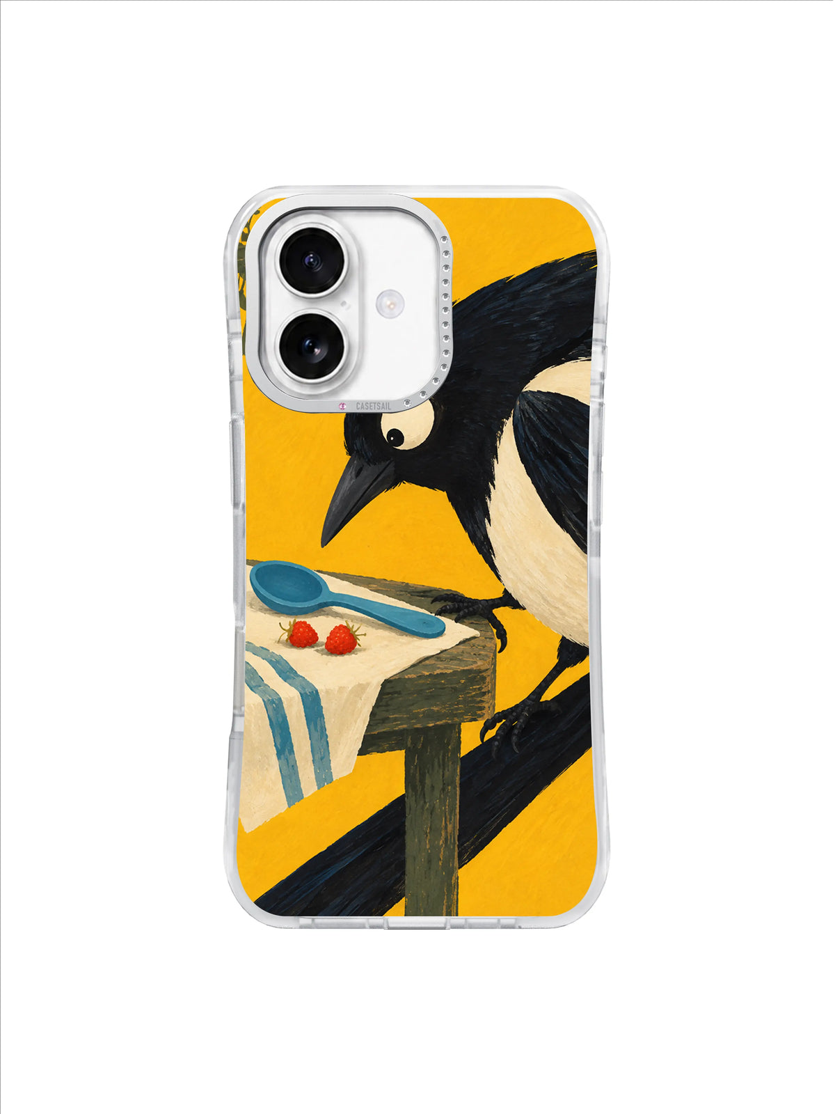 Diagonal magpie tail framing a blue spoon, berries and striped cloth on an iPhone 17 case