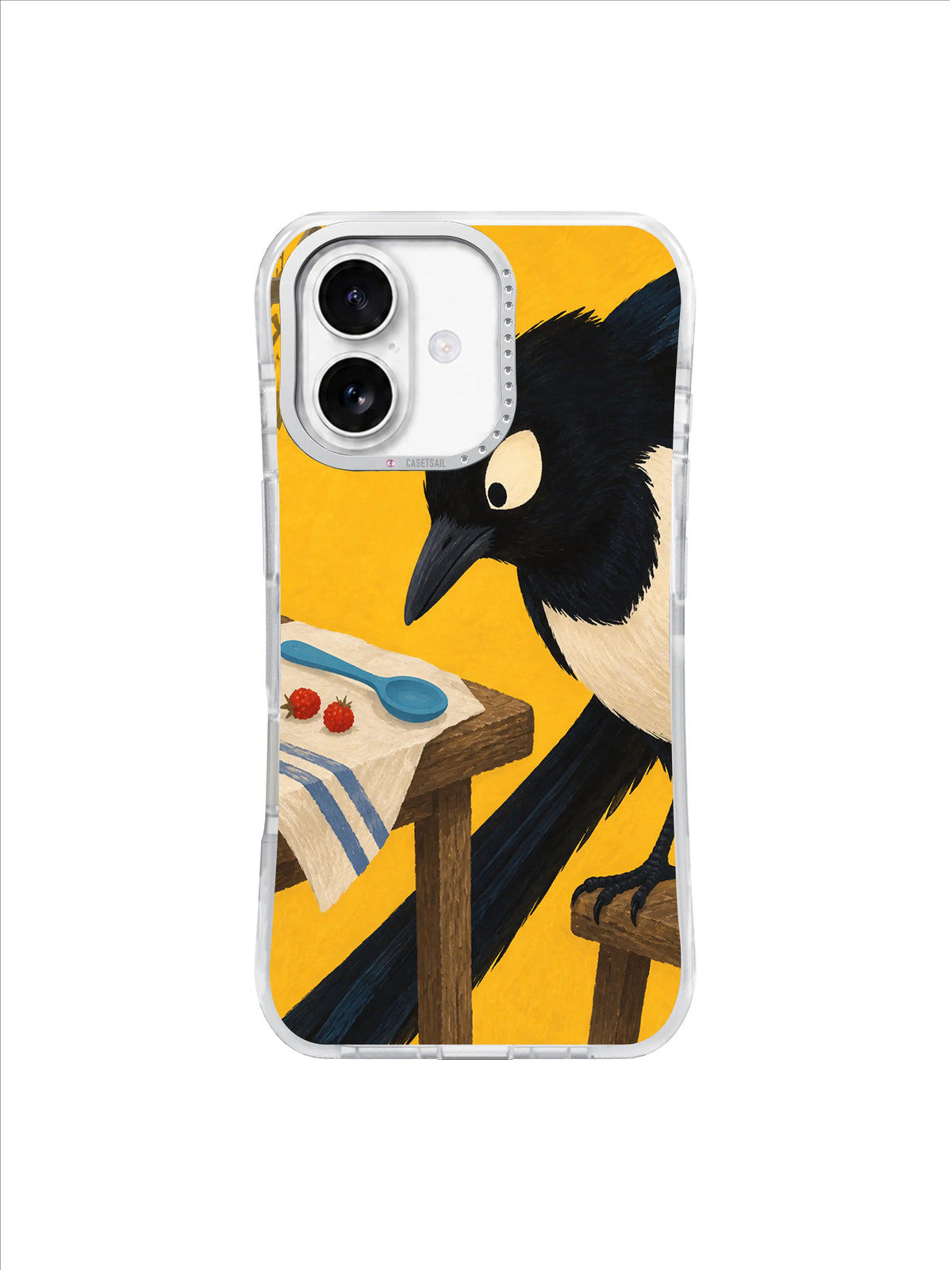 Playful magpie beside a cyan spoon and wild berries in a flat gouache iPhone 17 case artwork