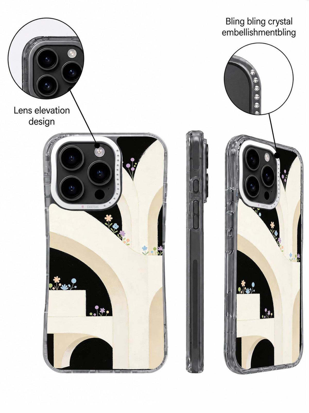 Architectural floral phone case with rhinestone camera frame