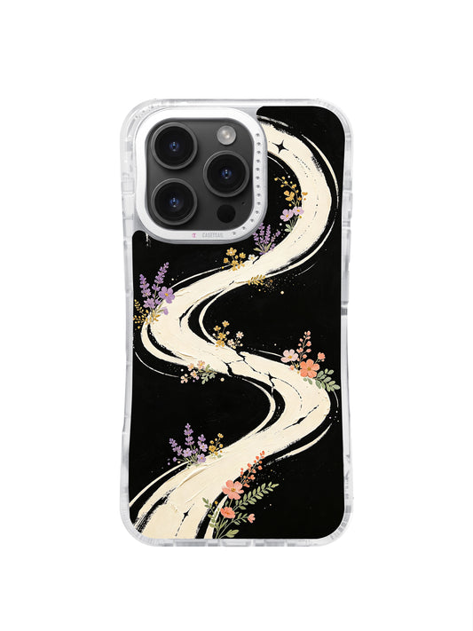 Abstract Flower Galaxy iPhone 16 Pro Max case with cream celestial river and flowers on black