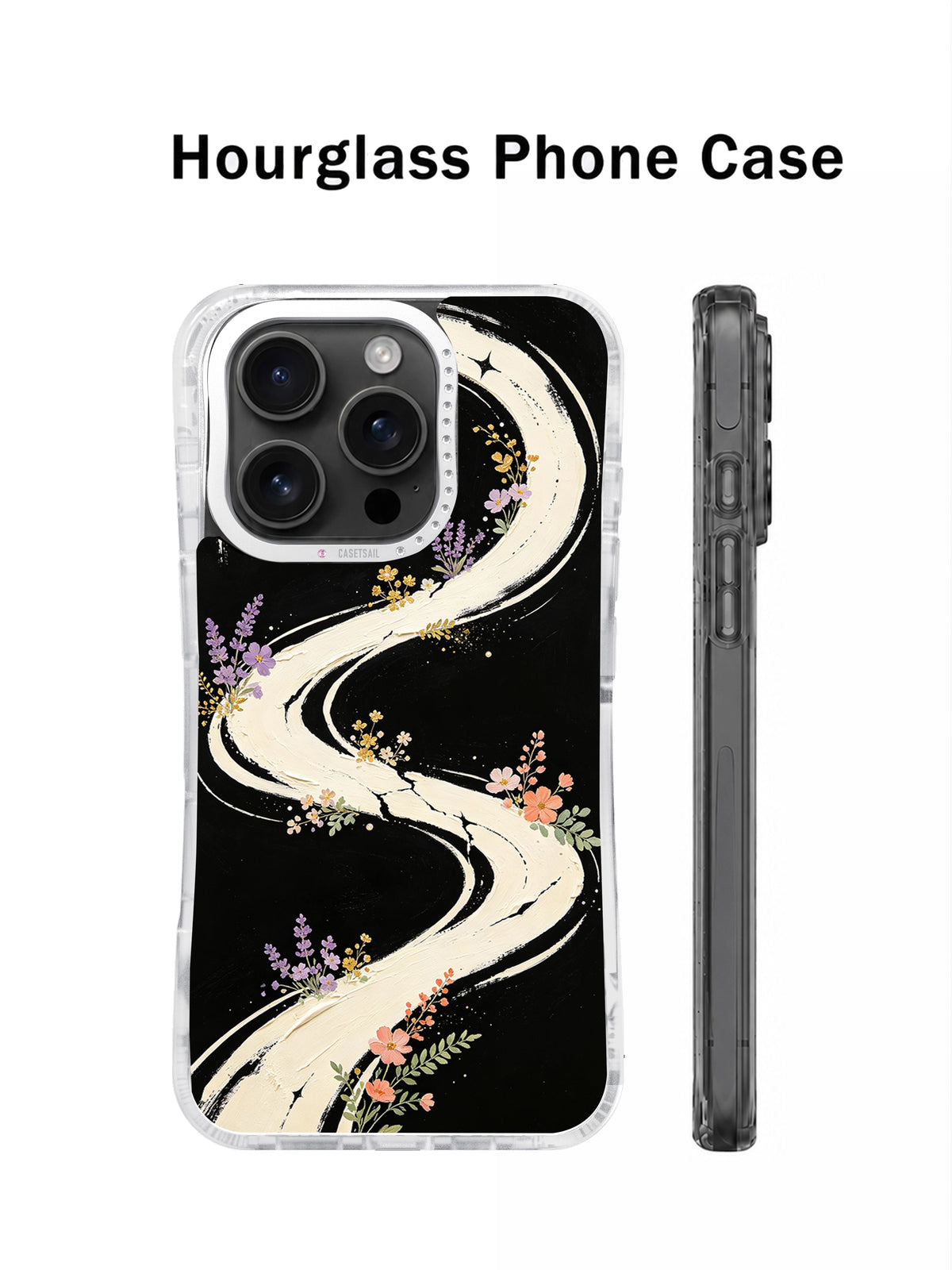 Abstract Flower Galaxy hourglass phone case shown from the back and side