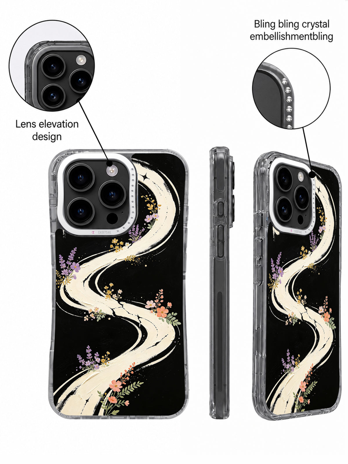 Close-up views of crystal-accented raised camera frame on galaxy flower case