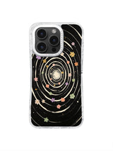Concentric cream galaxy rings with colorful orbiting flowers on black case