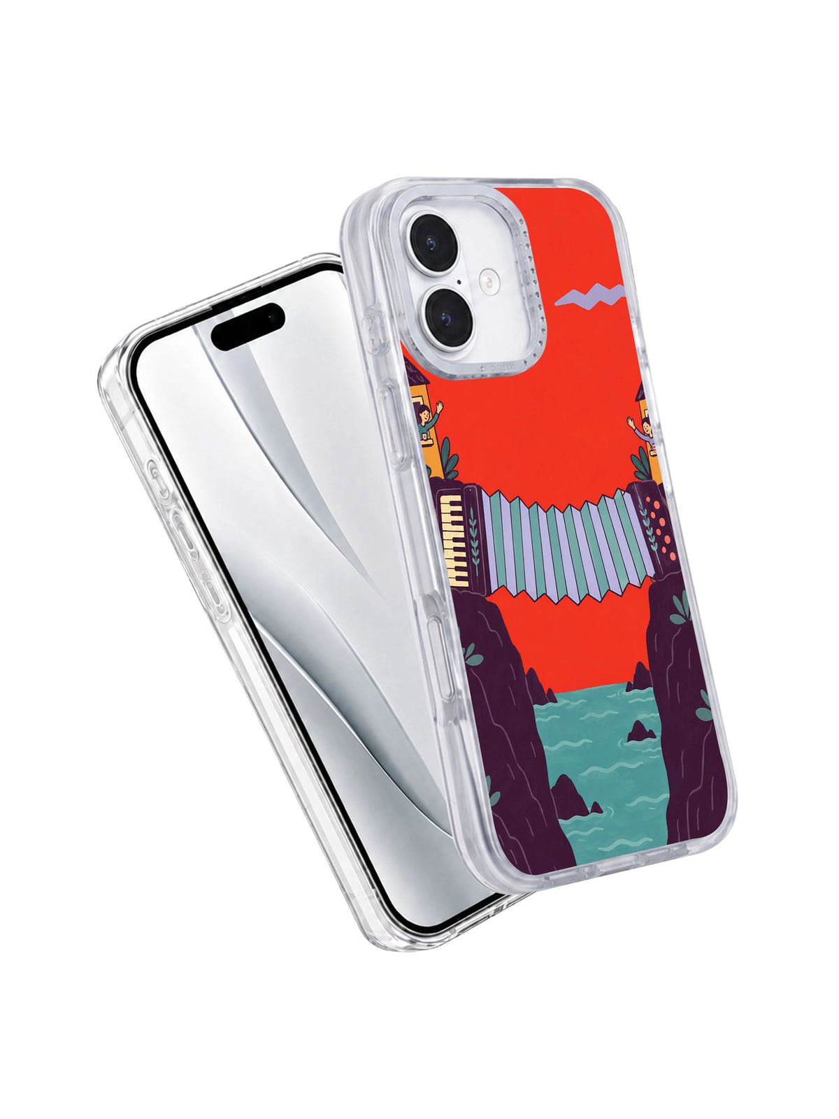 Angled front and back view of The Accordion Bridge transparent iPhone 17 case
