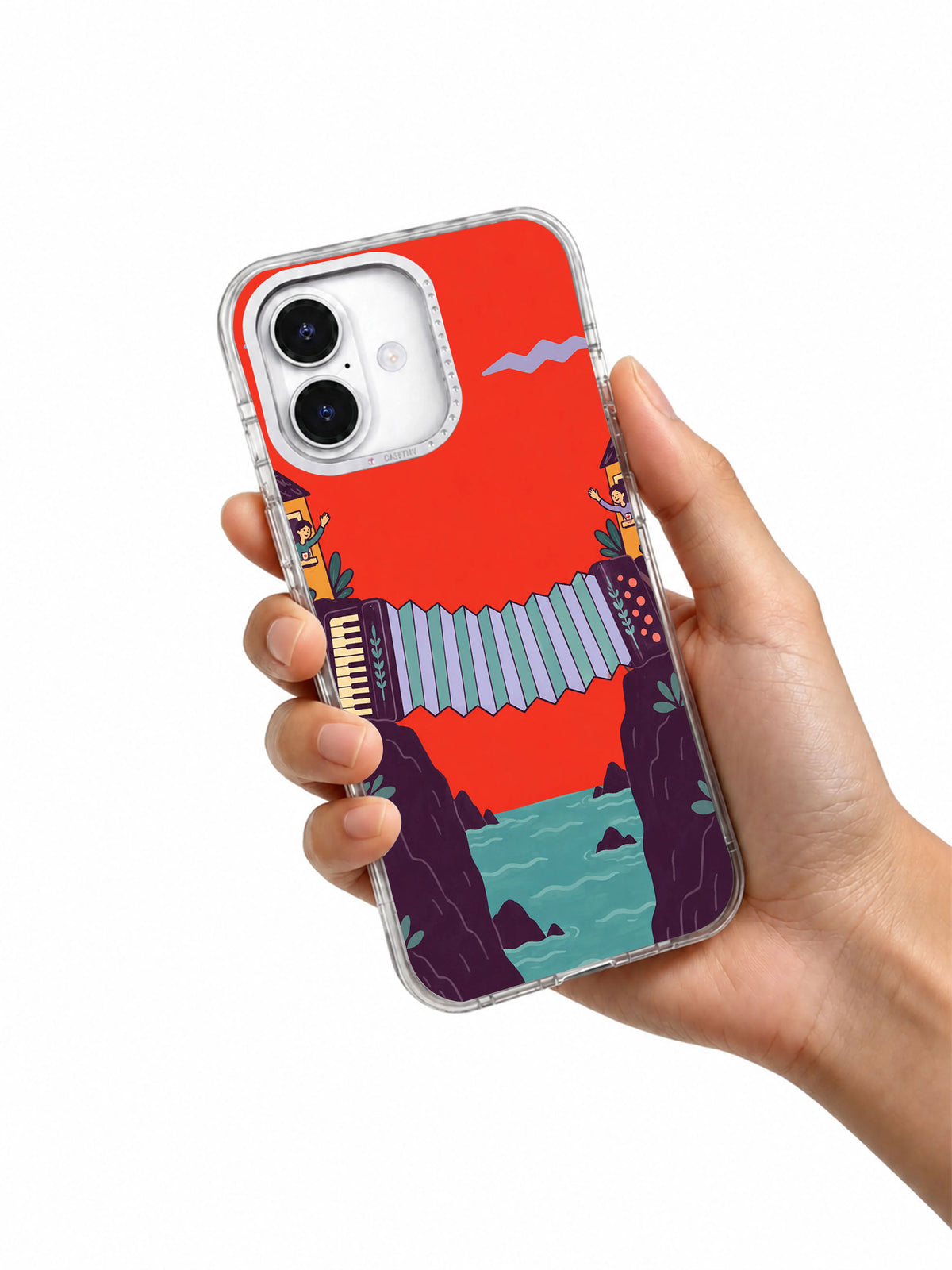 Hand holding The Accordion Bridge artwork on a transparent iPhone case