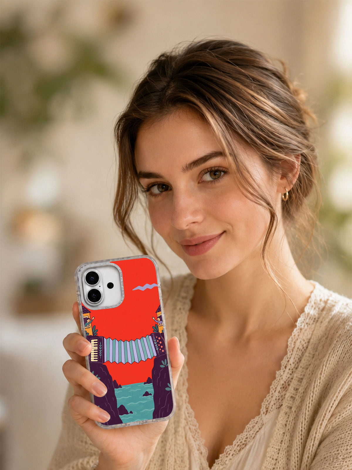 Lifestyle portrait holding The Accordion Bridge illustrated iPhone case