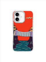 Cream piano keys and lavender bellows spanning a narrow canyon above teal water