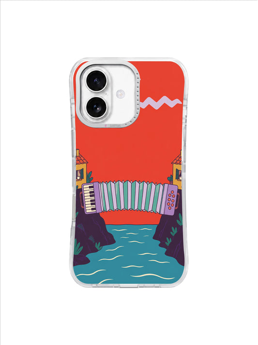 Lavender and seafoam accordion forming a bridge above teal water on a vermilion iPhone case