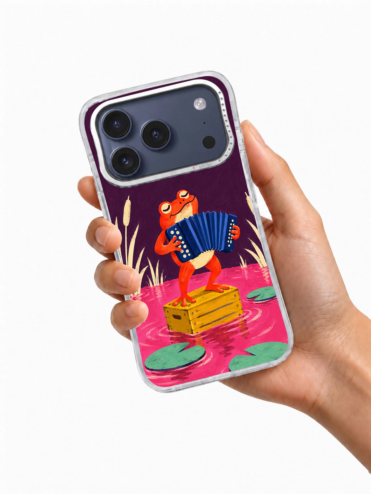 Accordion on Pink Water iPhone 17 Pro transparent case held in hand