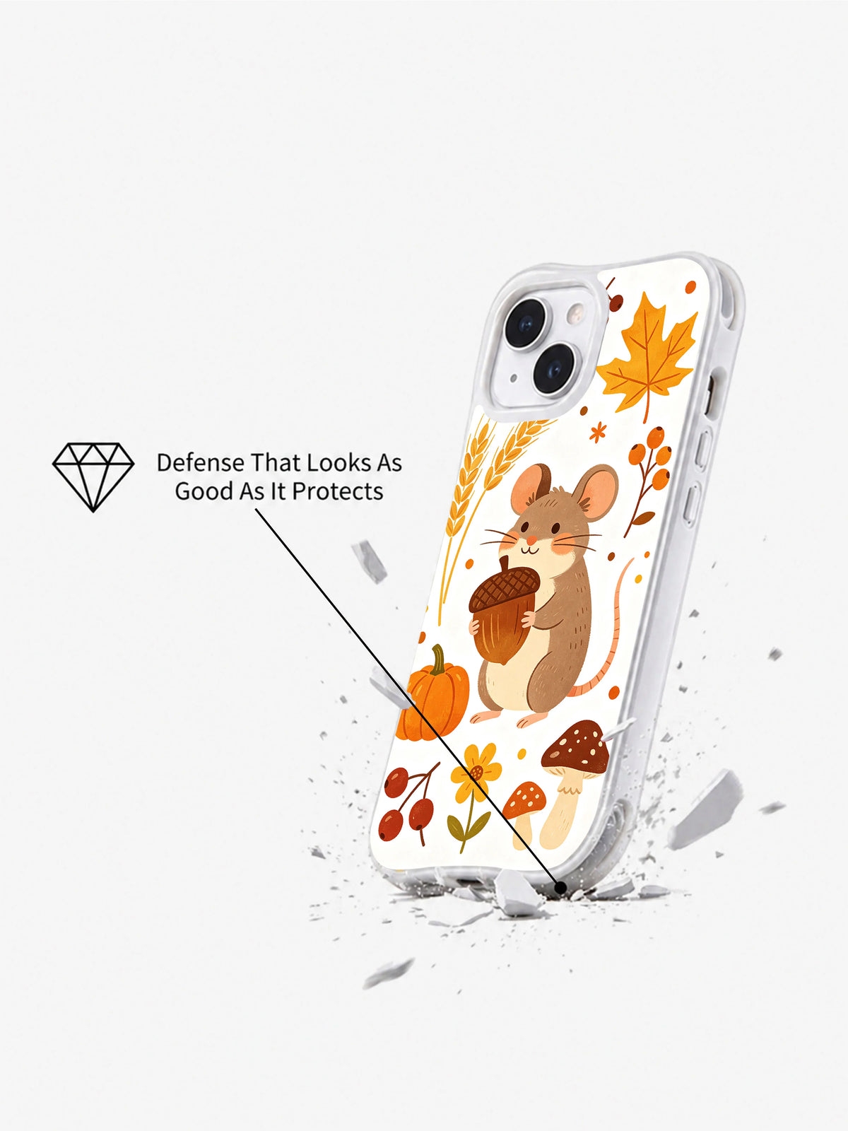 Acorn Mouse Harvest Day: Angled case above an illustrated cracked surface.