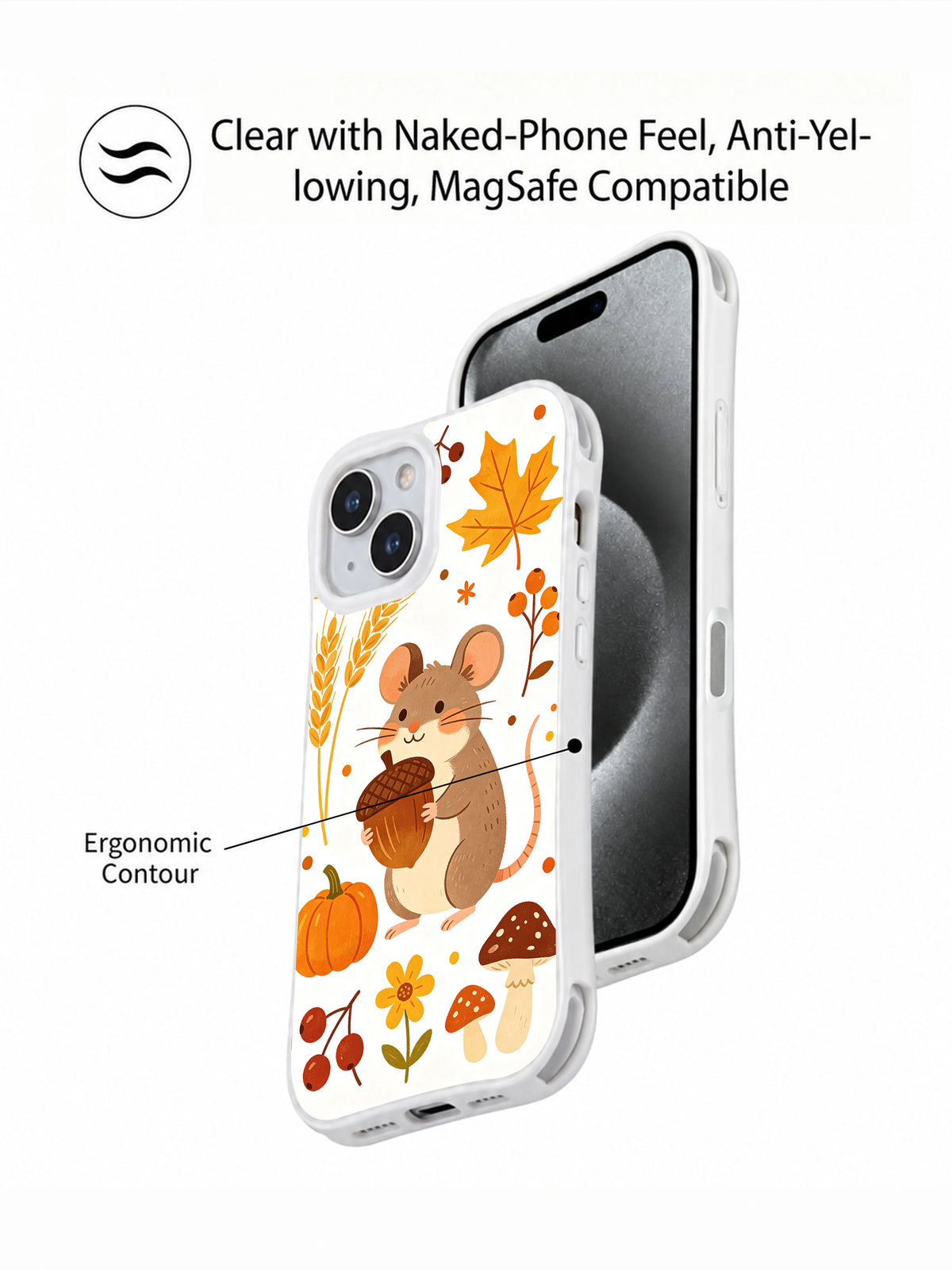 Acorn Mouse Harvest Day: Illustrated case beside the front of a phone with promotional callouts.