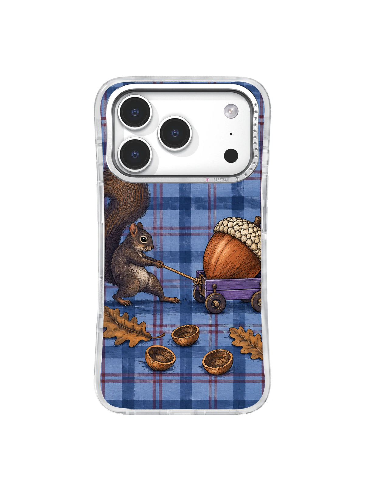 Squirrel pulling oversized acorn in a violet cart iPhone 17 Pro case pattern one