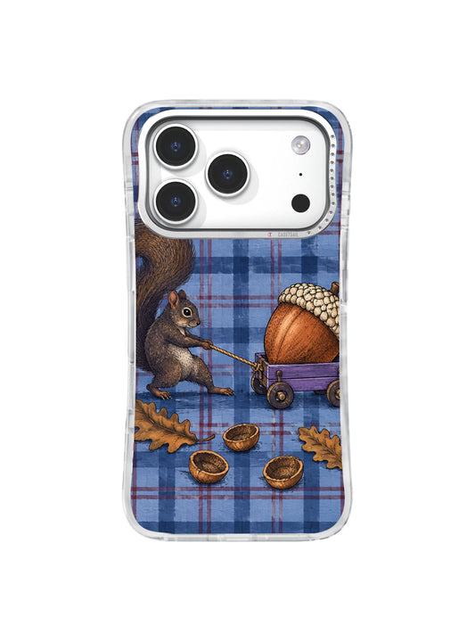 Squirrel pulling oversized acorn in a violet cart iPhone 17 Pro case pattern one