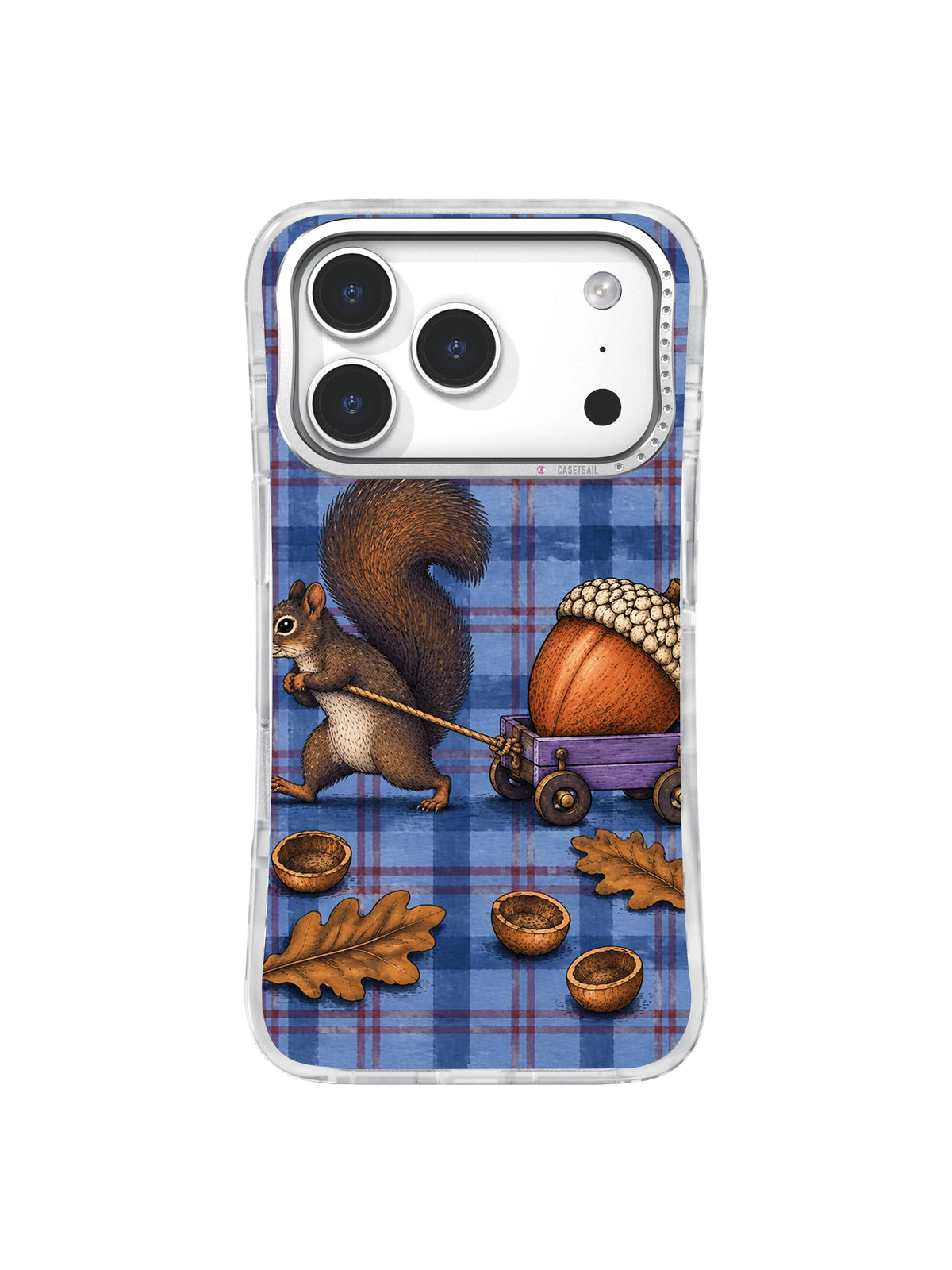 Charcoal squirrel and copper acorn on blue plaid iPhone 17 Pro case pattern two