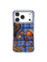 Squirrel cart beside oak leaves and nutshell bowls iPhone 17 Pro case pattern three