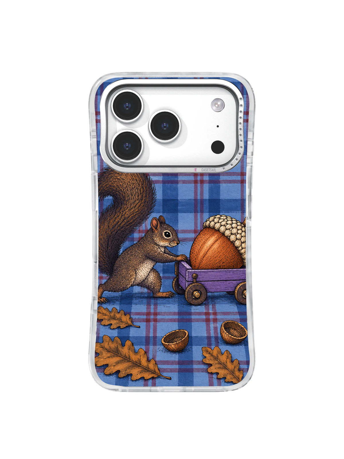 Squirrel cart beside oak leaves and nutshell bowls iPhone 17 Pro case pattern three