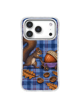 Squirrel hauling acorn across porcelain-blue plaid iPhone 17 Pro case pattern five