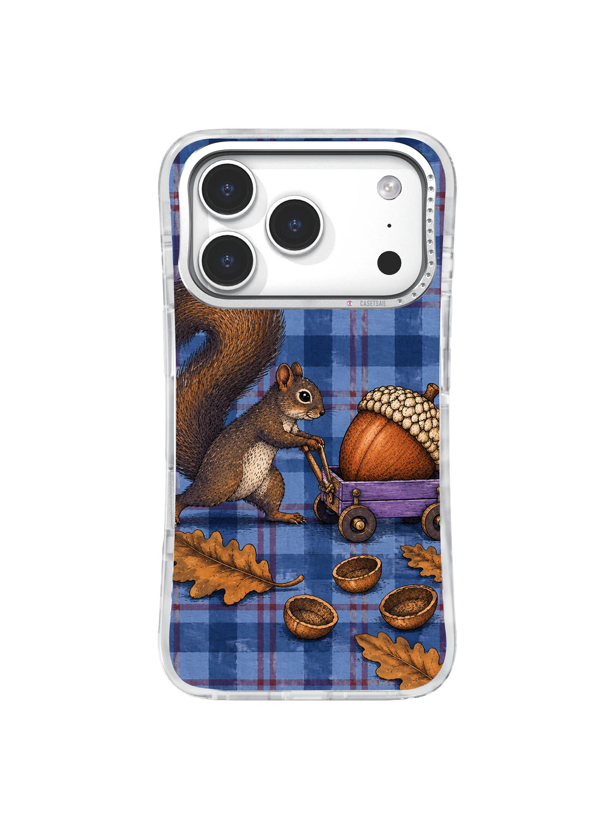 Squirrel hauling acorn across porcelain-blue plaid iPhone 17 Pro case pattern five
