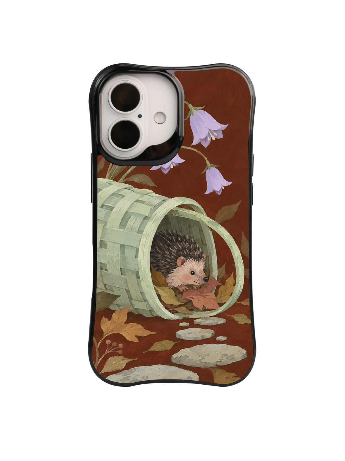 Hedgehog sheltering inside a basket beside lilac flowers and pale stones on a dark case design