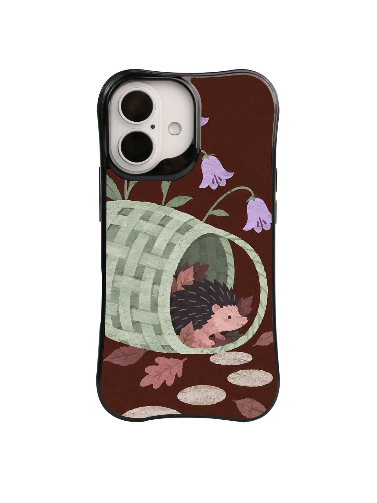Black iPhone 16 case with a hedgehog resting in a pale celadon basket under lilac bellflowers