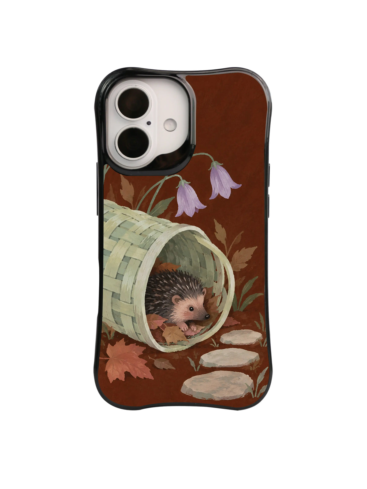 Warm hedgehog emerging from a pale basket among fallen leaves and bellflowers on russet brown