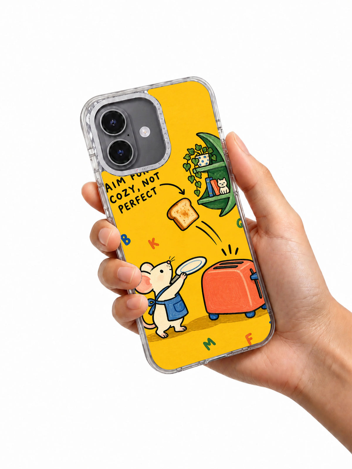 Aim for Cozy, Not Perfect iPhone 16 case in hand
