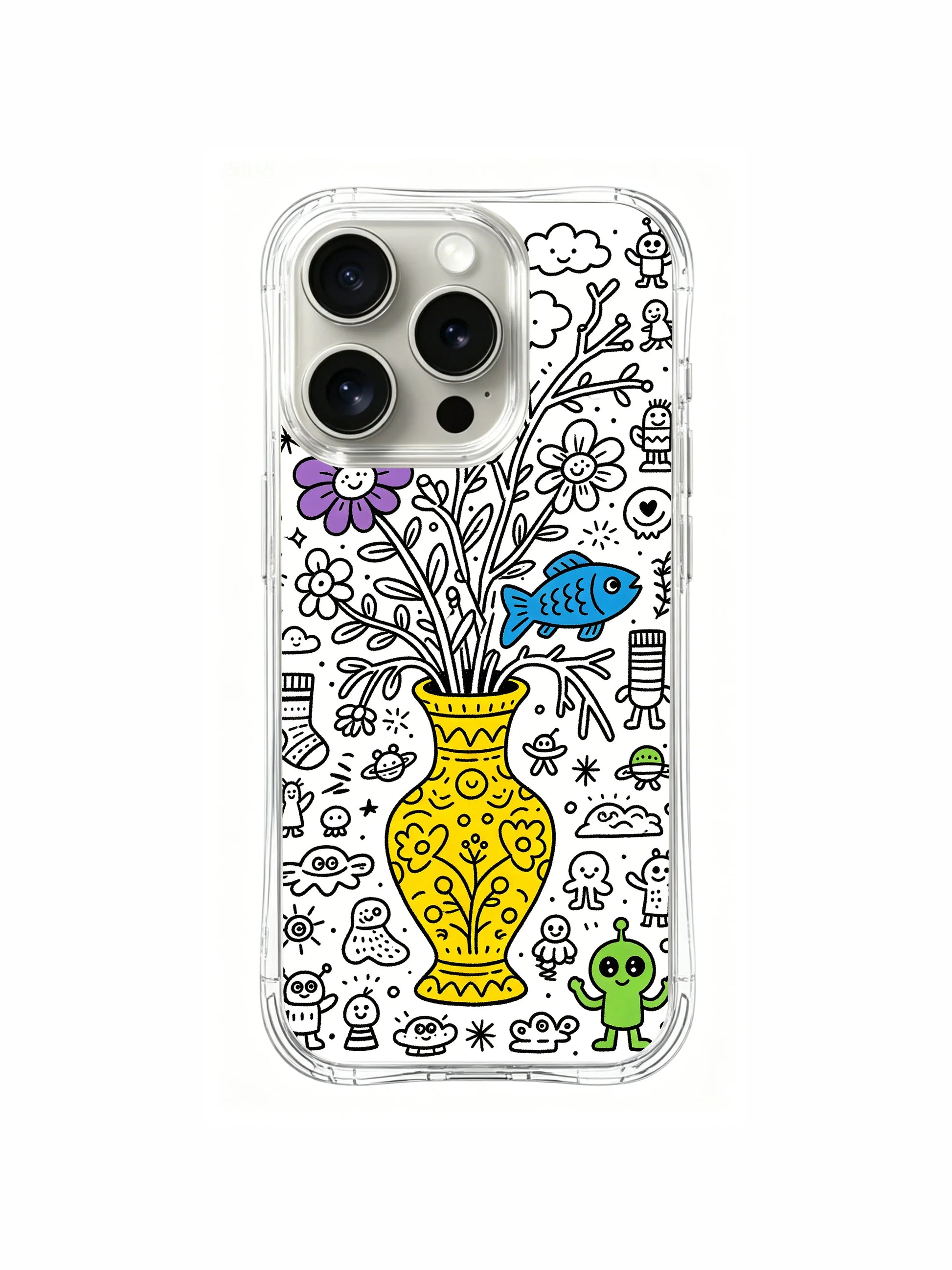 Mixed alien, fish and flower vase cartoon cluster iPhone 15 pro Case, customizable detail phone casing, casual everyday-use phone cover supplied by PhoneCasing.