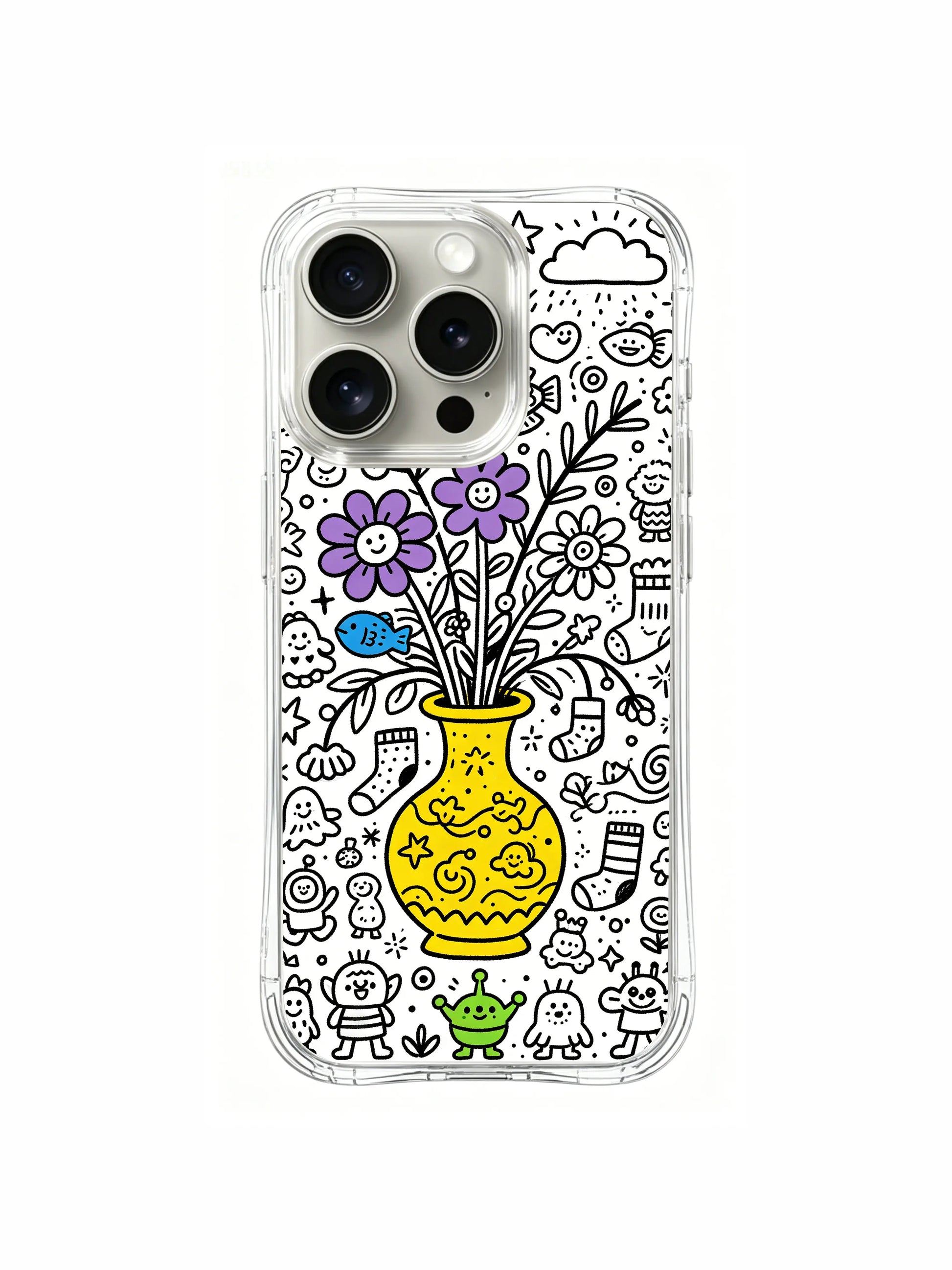 Alien, flower and fish vase doodle iPhone 15 pro Case, copyright protected art phone casing, eye-catching colorful phone cover crafted by PhoneCasing.