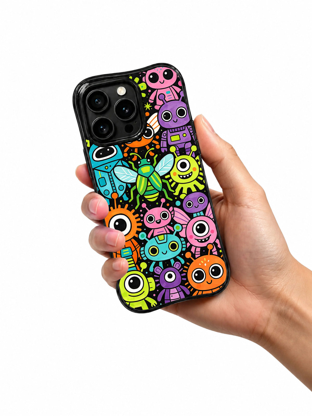 Alien Playground Friends iPhone 13 Pro case held in hand