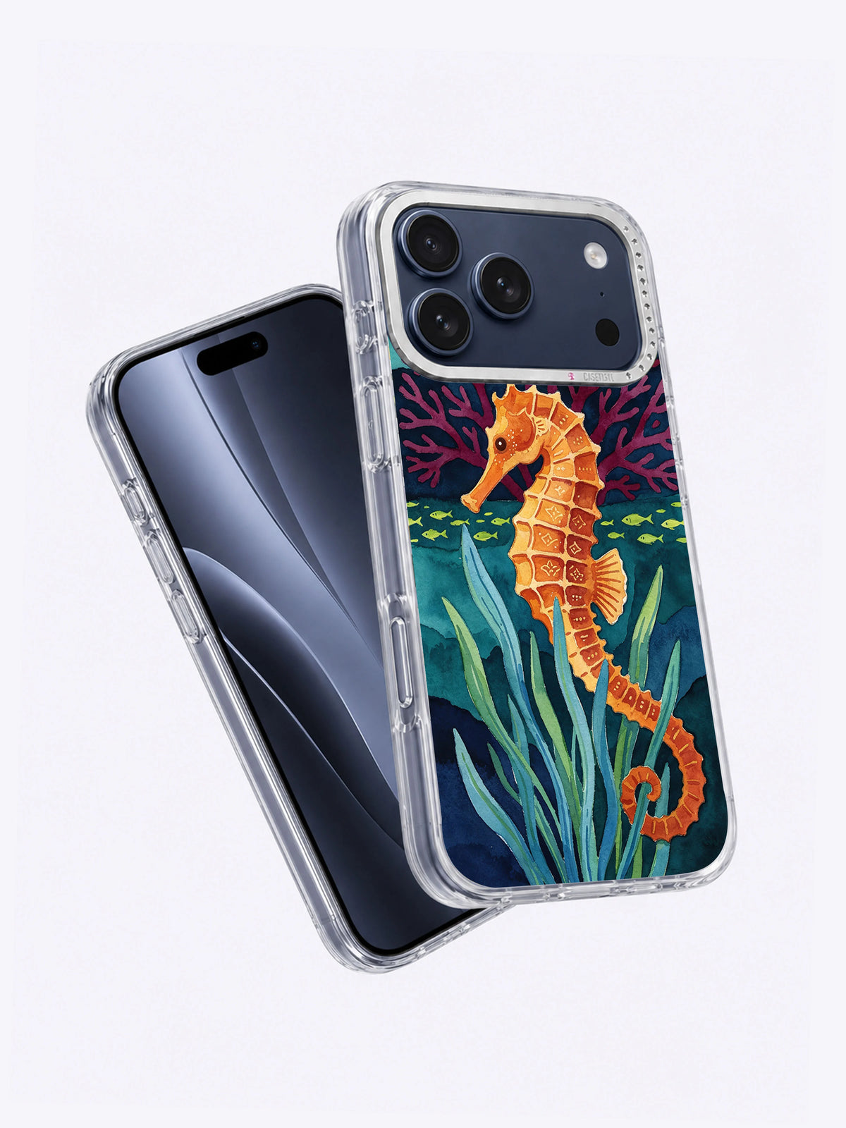 Angled view of Amber Seahorse Reef artwork on a clear iPhone case