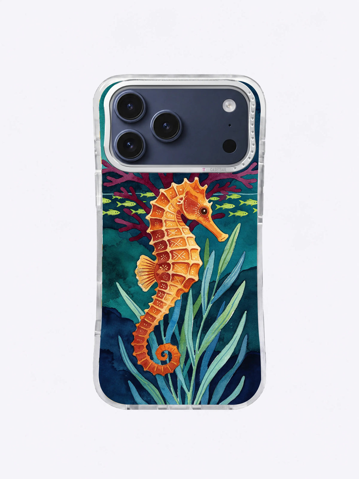 Amber seahorse iPhone case pattern with blue-green sea grass, violet coral, and tiny chartreuse fish