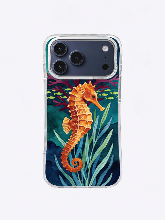 Amber seahorse iPhone case pattern with blue-green sea grass, violet coral, and tiny chartreuse fish