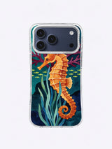 Amber Seahorse Reef pattern with a tall seahorse, navy water, coral branches, and small green fish