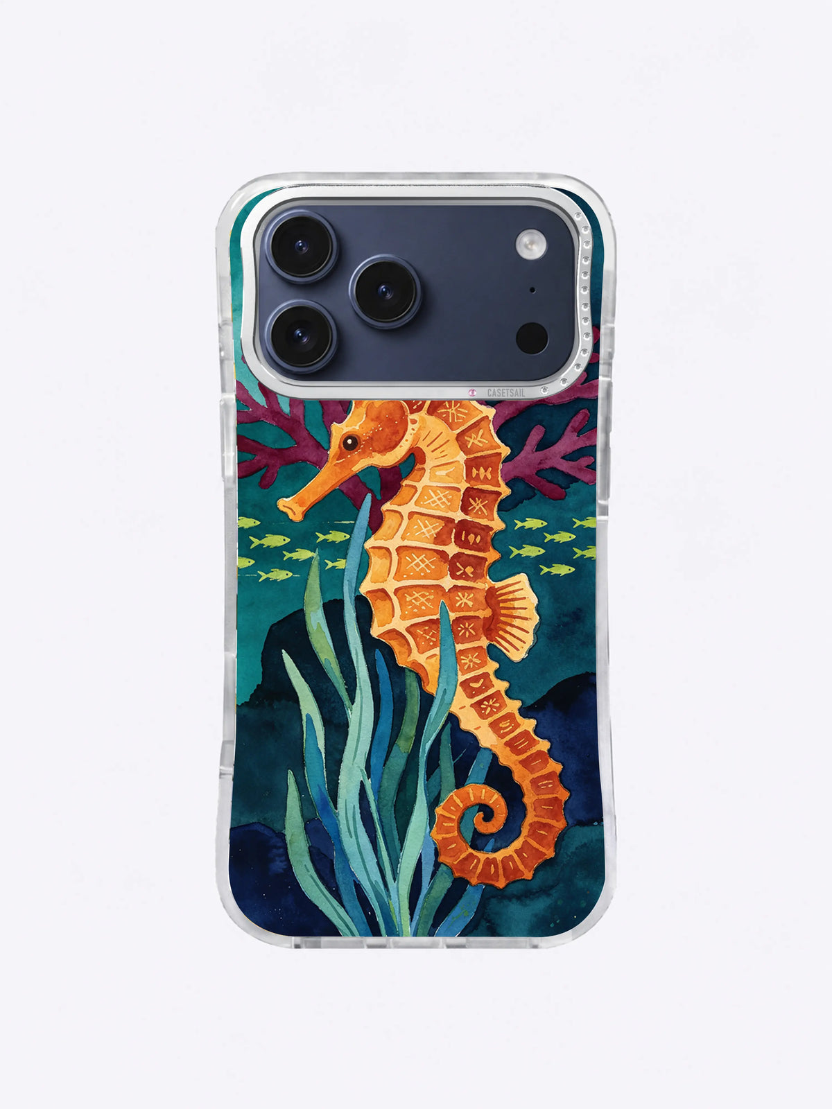 Amber Seahorse Reef pattern with a tall seahorse, navy water, coral branches, and small green fish