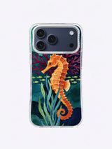 Coastal seahorse iPhone case art in amber, teal, burgundy, and deep blue gouache colors