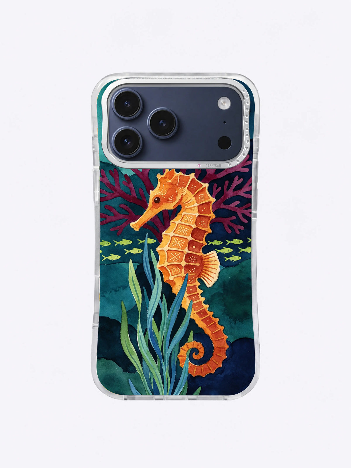 Coastal seahorse iPhone case art in amber, teal, burgundy, and deep blue gouache colors