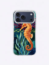 Hand-painted amber seahorse reef pattern with layered sea grass and chartreuse fish