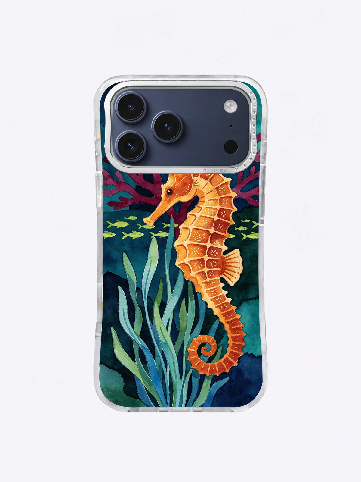 Hand-painted amber seahorse reef pattern with layered sea grass and chartreuse fish