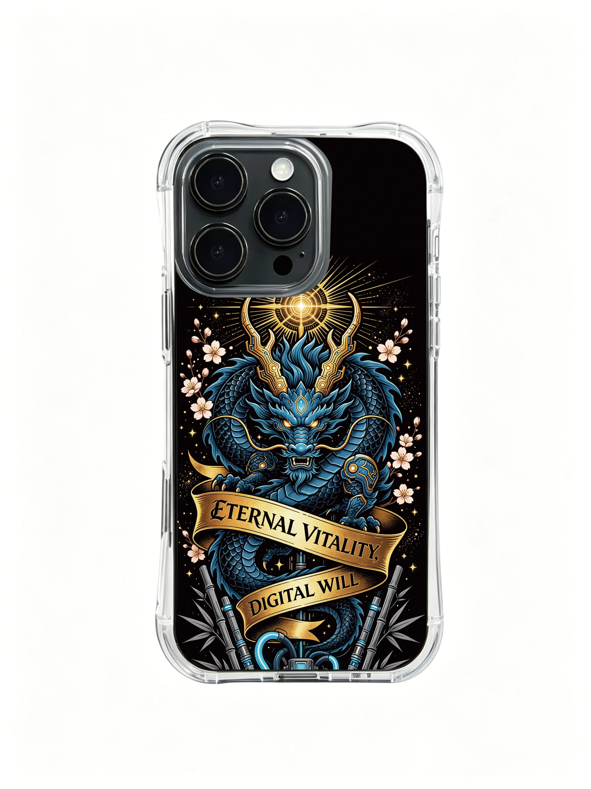 Traditional myth dragon evolved into cyber totem PhoneCasing, distinctive dark tone iPhone 14 Plus Case, everyday basic protective phone cover.