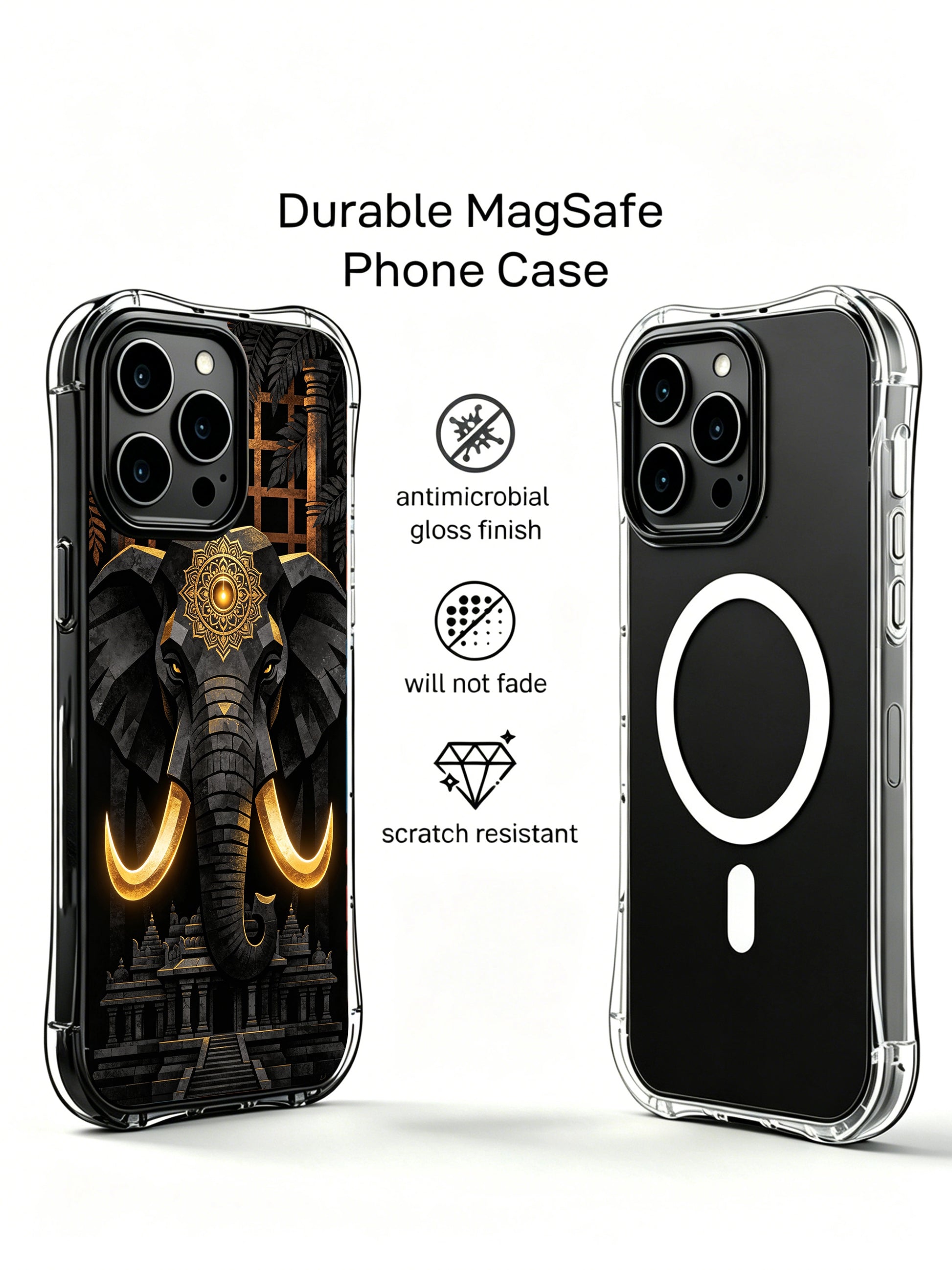 Ancient stone elephant themed PhoneCasing, classic artistic iPhone 14 Plus Case with time-worn texture, durable daily use phone casing.